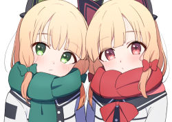Rule 34 | 2girls, afnroll, animal ear headphones, black jacket, blonde hair, blue archive, blush, bow, cat ear headphones, closed mouth, fake animal ears, green bow, green eyes, green scarf, hair bow, head tilt, headphones, jacket, looking at viewer, midori (blue archive), momoi (blue archive), multicolored clothes, multicolored jacket, multiple girls, neckerchief, red bow, red eyes, red neckerchief, red scarf, scarf, short hair, siblings, simple background, sisters, twins, two-tone jacket, upper body, white background, white jacket