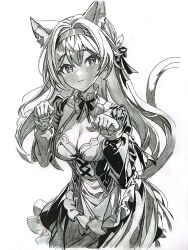Rule 34 | 1girl, :3, alternate costume, animal ears, apron, blush, bow, breasts, cat ears, cat girl, cat tail, cleavage, closed mouth, collared shirt, cowboy shot, enmaided, firefly (honkai: star rail), frilled apron, frilled skirt, frills, greyscale, hair between eyes, hair bow, hair intakes, hair ribbon, hairband, honkai: star rail, honkai (series), jian laotou de lan zhi, kemonomimi mode, large breasts, long hair, long sleeves, looking at viewer, maid, monochrome, paw pose, ribbon, shirt, sidelocks, skirt, smile, solo, tail, white apron
