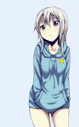 Rule 34 | 1girl, akino sora, blue eyes, blush, breasts, eila ilmatar juutilainen, hands in pocket, hands in pockets, hood, hoodie, long hair, long sleeves, official alternate costume, silver hair, solo, star (symbol), strike witches, world witches series