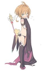 Rule 34 | 1girl, :3, ahoge, bandaged arm, bandages, bare shoulders, black bra, black footwear, black panties, blade (galaxist), blue eyes, blush, boots, bra, brown hair, cardcaptor sakura, commentary request, cosplay, covering breasts, covering privates, creature, embarrassed, fate/apocrypha, fate (series), flying teardrops, full body, hair between eyes, hair intakes, high heel boots, high heels, jack the ripper (fate/apocrypha), jack the ripper (fate/apocrypha) (cosplay), kero (cardcaptor sakura), kinomoto sakura, looking at viewer, navel, open mouth, panties, scabbard, sheath, short hair, simple background, solo, standing, tange sakura, tattoo, tears, thigh boots, thighhighs, underwear, unworn cape, voice actor connection, wand, white background, yume no tsue
