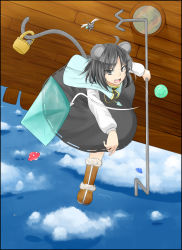 Rule 34 | 00zumou, 1girl, animal ears, basket, boots, capelet, cloud, day, dress, female focus, flying, grey eyes, grey hair, highres, jewelry, mouse (animal), mouse ears, mouse tail, nazrin, pendant, sky, solo, tail, touhou, ufo, window, yasuragi