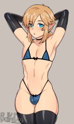 Rule 34 | 1boy, armpits, arms behind head, arms up, artist name, belka dog, bikini, blonde hair, blue eyes, blush, bulge, crossdressing, elbow gloves, gloves, link, long hair, looking at viewer, male focus, navel, nintendo, pointy ears, ponytail, sidelocks, solo, swimsuit, the legend of zelda, the legend of zelda: breath of the wild, thighhighs, trap