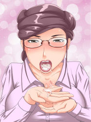Rule 34 | 1girl, aftersex, blush, breasts, cum, cum in mouth, cum on body, cum on tongue, cum on upper body, female focus, glasses, gokkun, gradient background, hair up, highres, lipstick, makeup, mature female, open mouth, purple hair, solo, sweat, tetsu kui, tongue