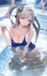 Rule 34 | 3girls, absurdres, between legs, blue eyes, blue one-piece swimsuit, breasts, cleavage, earrings, genshin impact, grey hair, hair ornament, hand between legs, highres, jewelry, kawa683, kneeling, large breasts, long hair, looking at viewer, multiple girls, one-piece swimsuit, open mouth, outdoors, partially submerged, pool, pool ladder, pulling own clothes, ripples, shenhe (genshin impact), strap pull, swimsuit, tassel, tassel earrings, wet, wet clothes, wet swimsuit