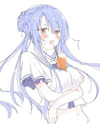 Rule 34 | 1girl, ^^^, arm under breasts, blue hair, blush, braid, braided bun, breast hold, breasts, bubble tea challenge, caught, commentary, cropped shirt, crossed arms, crown braid, drinking straw, floating hair, frilled sleeves, frills, hair between eyes, hair bun, highres, large breasts, long hair, looking at viewer, open mouth, red eyes, shirt, short sleeves, simple background, sketch, solo, sorakado ao, summer pockets, surprised, sweatdrop, upper body, very long hair, white background, white shirt, yutori z71