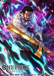 Rule 34 | 1boy, aiming, aiming at viewer, beard, belt, black hair, blue fire, closed mouth, commentary request, copyright name, cross pendant, dracule mihawk, facial hair, fire, holding, holding sword, holding weapon, looking at viewer, male focus, mustache, nagare seiya, no headwear, official art, one piece, one piece card game, pebble, shirt, sleeves rolled up, solo, sword, weapon, white shirt