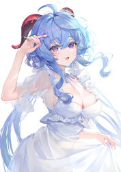 Rule 34 | 1girl, :d, alternate costume, artist name, blue hair, breasts, cleavage, commentary request, cowboy shot, dress, flower, frills, ganyu (genshin impact), genshin impact, goat horns, hair flower, hair ornament, hand up, highres, horns, large breasts, long hair, looking at viewer, open mouth, purple eyes, purple flower, rity, see-through, see-through sleeves, simple background, skirt hold, smile, solo, white background, white dress