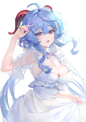 1girl :d alternate_costume artist_name blue_hair breasts cleavage commentary_request cowboy_shot dress flower frills ganyu_(genshin_impact) genshin_impact goat_horns hair_flower hair_ornament hand_up highres horns large_breasts long_hair looking_at_viewer open_mouth purple_eyes purple_flower rity see-through_clothes see-through_sleeves simple_background skirt_hold smile solo white_background white_dress