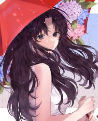 Rule 34 | bad id, bad twitter id, black hair, black ribbon, blouse, blue eyes, fate/stay night, fate (series), flower, hair ribbon, highres, holding, holding umbrella, hydrangea, long hair, looking at viewer, looking back, open mouth, red umbrella, ribbon, shimatori (sanyyyy), shirt, sleeveless, solo, tohsaka rin, two side up, umbrella, white shirt