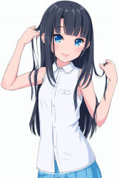 Rule 34 | 1girl, bare shoulders, black hair, blue eyes, blunt bangs, blush, breasts, highres, kimagure blue, long hair, looking at viewer, md5 mismatch, open mouth, original, resolution mismatch, shirt, simple background, skirt, sleeveless, sleeveless shirt, small breasts, smile, solo, source smaller, very long hair