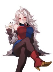 1girl android_21 black_nails blush breasts crossed_legs dragon_ball dragon_ball_fighterz grin high_heels highres lab_coat long_hair looking_at_viewer pantyhose red_eyes red_footwear sitting smile solo white_hair zequung