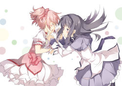 Rule 34 | 10s, 2girls, akemi homura, black hair, blush, bow, bubble skirt, capelet, choker, circle, closed eyes, dress, gloves, hair bow, hand on another&#039;s chin, hand on own chin, holding hands, kaname madoka, long hair, long sleeves, magical girl, mahou shoujo madoka magica, mahou shoujo madoka magica (anime), miya kazutomo, multiple girls, open mouth, pantyhose, petticoat, pink dress, pink hair, pink skirt, puffy sleeves, purple eyes, shirt, short hair, short sleeves, skirt, smile, tears, twintails, white gloves