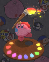 Rule 34 | artist kirby, bandana waddle dee, beret, blue eyes, blush stickers, closed mouth, copy ability, full body, hat, highres, holding, holding paintbrush, king dedede, kirby, kirby: star allies, kirby (series), meta knight, miclot, nintendo, no humans, paint splatter, paintbrush, palette (object), pink footwear, red headwear, shoes, standing, standing on one leg