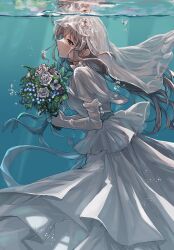 Rule 34 | 1girl, absurdres, air bubble, blush, bouquet, bridal veil, bride, bubble, dress, floating hair, flower, from side, gloves, grey hair, hanetsuka, highres, holding, holding bouquet, idolmaster, idolmaster shiny colors, light rays, looking ahead, purple eyes, rose, solo, underwater, veil, wedding dress, white dress, white flower, white gloves, white rose, yukoku kiriko