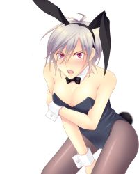 Rule 34 | 1girl, animal ears, babysmile7 (artist), bare shoulders, black pantyhose, blush, bow, bowtie, breasts, cleavage, fake animal ears, female focus, forced dressing, homura (sekirei), large breasts, leotard, open mouth, pantyhose, playboy bunny, rabbit ears, red eyes, sekirei, short hair, silver hair, solo, white background, wrist cuffs