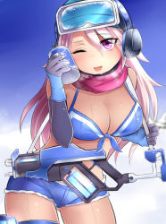 Rule 34 | 1girl, arm warmers, bikini, breasts, can, cleavage, collar, commentary request, cowboy shot, earmuffs, front-tie bikini top, front-tie top, gloves, goggles, goggles on head, gun, gun sling, hair between eyes, helmet, highres, holding, holding can, large breasts, long hair, looking at viewer, neit ni sei, one eye closed, open mouth, original, pink hair, purple eyes, scarf, shadow, shiny skin, short shorts, shorts, ski goggles, smile, snow, solo, swimsuit, thighhighs, weapon