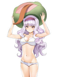 Rule 34 | 1girl, a1 (initial-g), absurdres, arms up, blush, bra, breasts, cleavage, groin, hairband, highres, idolmaster, idolmaster (classic), large breasts, legs, long hair, looking at viewer, navel, panties, pink eyes, purple hair, shijou takane, simple background, solo, standing, thighs, underwear, white background, white bra, white panties