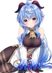 Rule 34 | 1girl, :o, ahoge, anz32, arm support, bare shoulders, black gloves, blue hair, blush, bodystocking, breasts, cowbell, detached sleeves, flower knot, ganyu (genshin impact), genshin impact, gloves, horns, leaning to the side, long hair, long sleeves, looking at viewer, medium breasts, parted lips, purple eyes, reclining, red ribbon, ribbon, sidelocks, simple background, solo, twitter username, very long hair, white background