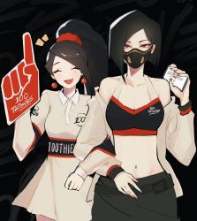 Rule 34 | 100 thieves, 2girls, ^ ^, animification, belt, black background, black belt, black hair, black skirt, black sports bra, breasts, brown dress, brown jacket, cleavage, closed eyes, collarbone, dress, foam finger, head tilt, highres, holding, holding phone, hyoon (sockgyu), jacket, locked arms, looking at viewer, mask, medium breasts, mouth mask, multiple girls, navel, off shoulder, phone, ponytail, sage (valorant), short hair, skirt, sports bra, stomach, straight-on, valorant, viper (valorant)