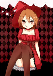 Rule 34 | 1girl, argyle, argyle background, argyle clothes, bare arms, breasts, brown eyes, brown hair, brown thighhighs, commentary request, dot nose, dress, feet out of frame, hair between eyes, halloween, hat, i.u.y, jack-o&#039;-lantern, light blush, looking at viewer, medium breasts, medium hair, misaka worst, red dress, red hat, short sleeves, sitting, skull, smile, solo, star (symbol), thighhighs, thighs, toaru majutsu no index, witch hat