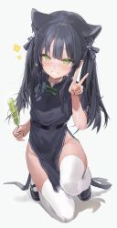Rule 34 | 1girl, absurdres, aged down, animal ear fluff, animal ears, belt, black belt, black dress, black footwear, black hair, black ribbon, blue archive, blush, bow, china dress, chinese clothes, dango, dress, food, freng, green bow, green eyes, grin, hair ribbon, highres, holding, long hair, mary janes, no panties, on one knee, pelvic curtain, ribbon, shadow, shoes, short sleeves, shun (blue archive), shun (small) (blue archive), side slit, simple background, smile, solo, teeth, thighhighs, thighs, tiger ears, tiger girl, twintails, v, wagashi, white background, white thighhighs