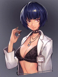 Rule 34 | 1girl, artazi, black bra, blue hair, bob cut, bra, breasts, brown eyes, choker, commentary, cropped torso, doctor, english commentary, jewelry, lab coat, looking at viewer, medium breasts, midriff, necklace, persona, persona 5, pill, smile, takemi tae, underwear