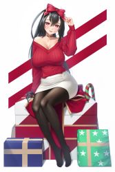 Rule 34 | 1girl, absurdres, arm up, bare shoulders, black choker, black hair, black pantyhose, bow, breasts, candy, candy cane, choker, christmas, christmas present, cleavage, collarbone, commentary request, food, full body, gift, hair between eyes, hair bow, heart, heart choker, highres, horns, large breasts, long hair, long sleeves, looking at viewer, mole, mole under eye, nail polish, no shoes, off shoulder, oni, oni horns, original, pantyhose, parted lips, pencil skirt, purple eyes, red bow, red nails, red sweater, silver tokki, sitting, skirt, solo, sweater, sweater tucked in, taut sweater, very long hair, white skirt