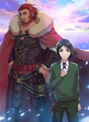 Rule 34 | 2boys, armor, beard, breastplate, cape, cleavage cutout, clothing cutout, facial hair, fate/zero, fate (series), feet out of frame, fur-trimmed cape, fur trim, green pants, green shirt, hair slicked back, haruo (57967), highres, iskandar (fate), large pectorals, leather, light particles, looking at viewer, multiple boys, muscular, muscular male, necktie, pants, pectoral cleavage, pectorals, red eyes, red hair, shirt, smile, striped clothes, striped pants, sunrise, waver velvet, wind