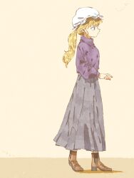 Rule 34 | 1girl, alternate hairstyle, blonde hair, blue eyes, boots, brown footwear, closed mouth, from side, full body, grey skirt, hat, long hair, long sleeves, maribel hearn, mob cap, nama udon, ponytail, profile, purple sweater, skirt, solo, sweater, touhou, white hat
