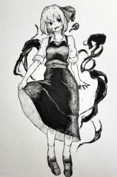 Rule 34 | 1girl, absurdres, blood, blood on face, bow, full body, greyscale, hair bow, highres, loafers, looking at viewer, mashimashi, monochrome, open mouth, rumia, shoes, short hair, skirt, skirt hold, skirt set, socks, solo, standing, touhou, traditional media