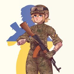 Rule 34 | 1girl, absurdres, ak-74, akm, assault rifle, blonde hair, blue eyes, camouflage, camouflage jacket, camouflage pants, gloves, goggles, goggles on head, green gloves, grin, gun, hair between eyes, hat, helmet, highres, holding, holding gun, holding weapon, jacket, kalashnikov rifle, looking at viewer, military, military hat, military uniform, open mouth, original, pants, patch, rifle, short hair, shoulder patch, simple background, sleeves rolled up, smile, solo, tattoo, teeth, trigger discipline, ukrainian flag, uniform, v-shaped eyebrows, watch, weapon, willy pete, yellow background