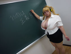 Rule 34 | 1girl, asian, blonde hair, breasts, cleavage, cosplay, fat, glasses, headphones, highres, hoshima mika, huge breasts, jewelry, necklace, nitroplus, photo (medium), plump, solo, star (symbol), super pochaco, super pochaco (cosplay)