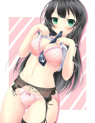 Rule 34 | 10s, 1girl, agano (kancolle), akairo no mako, between breasts, black hair, blush, bow, bow bra, bow panties, bra, breasts, cleavage, clothes lift, garter belt, garter straps, green eyes, highres, kantai collection, large breasts, long hair, looking at viewer, mouth hold, navel, necktie, necktie between breasts, panties, personification, pink bra, pink panties, school uniform, shirt lift, smile, solo, striped bra, striped clothes, striped panties, thighhighs, underwear, underwear only