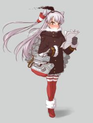 Rule 34 | 10s, 1girl, adapted costume, alternate costume, amatsukaze (kancolle), blush, brown eyes, coat, fur trim, gloves, grey background, guriko (mossari), hair tubes, hairband, holding, holding paper, kantai collection, long hair, looking at viewer, paper, rensouhou-kun, silver hair, simple background, smoke, smokestack, striped clothes, striped thighhighs, thighhighs, two side up