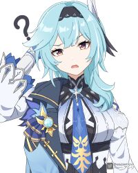 Rule 34 | 1girl, ?, absurdres, asiri senpai, black hairband, blue hair, blue necktie, commentary, d:, eula (genshin impact), genshin impact, hairband, highres, juliet sleeves, long hair, long sleeves, looking at viewer, necktie, open mouth, puffy sleeves, shirt, simple background, solo, upper body, white background, white shirt, wide sleeves, yellow eyes
