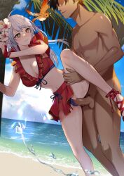 Rule 34 | 1boy, 1girl, beach, bikini, bikini skirt, bird, breasts, cleavage, closed mouth, clothed female nude male, clothed sex, commentary, commission, cross-laced sandals, day, fingerless gloves, fire emblem, fire emblem: radiant dawn, fire emblem heroes, flower, gloves, grey hair, hair flower, hair ornament, hetero, highres, large breasts, leg lift, leg up, light blush, long hair, micaiah (fire emblem), micaiah (summer) (fire emblem), navel, nintendo, nude, ocean, official alternate costume, penis, pussy juice, red bikini, red footwear, red gloves, sandals, sex, sex from behind, skeb commission, standing, standing on one leg, standing sex, swimsuit, tree, vaginal, yellow eyes, yune (fire emblem), zakometti