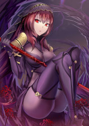 Rule 34 | 1girl, bodysuit, breasts, canegouzi, fate/grand order, fate (series), flower, gae bolg (fate), highres, large breasts, long hair, looking at viewer, polearm, purple hair, red eyes, scathach (fate), scathach (fate), solo, spear, spider lily, weapon