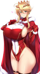 Rule 34 | 1girl, adapted costume, ahoge, alternate color, artoria pendragon (fate), artoria pendragon (lancer) (fate), blonde hair, blush, braid, breasts, cape, christmas, covered navel, crown, elbow gloves, fate/grand order, fate (series), french braid, fur trim, gloves, green eyes, hair between eyes, heattech leotard, highleg, highleg leotard, hood, hooded cape, huge breasts, kumakichi (cost-lost), leotard, long hair, looking at viewer, red cape, red gloves, red leotard, sideboob, sidelocks, smile, solo, thighs, turtleneck