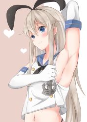 Rule 34 | 10s, 1girl, anchor hair ornament, armpits, bad id, bad pixiv id, bare shoulders, beige background, black ribbon, blonde hair, blue eyes, blush, breasts, buttons, closed mouth, double-breasted, elbow gloves, eyebrows, frown, gloves, hair ornament, hair ribbon, hairband, heart, highres, kantai collection, long hair, navel, neckerchief, ribbon, sailor collar, school uniform, serafuku, shimakaze (kancolle), sideboob, sidelocks, small breasts, solo, stomach, tareme, upper body, white gloves, yuzuru (hayuiop123)