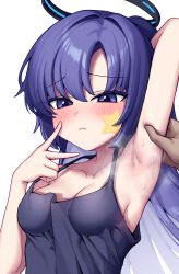 Rule 34 | 1girl, 1other, absurdres, armor, armpits, black dress, blue archive, blush, breasts, closed mouth, collarbone, dress, facial mark, halo, highres, long hair, mechanical halo, medium breasts, metaljelly, official alternate hairstyle, purple eyes, purple hair, simple background, sleeveless, sleeveless dress, solo focus, star (symbol), v, white background, yuuka (blue archive), yuuka (track) (blue archive)