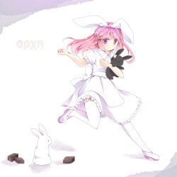 Rule 34 | 1girl, alicia (pop&#039;n music), alternate color, amaimo, blush, bow, dress, flat chest, full body, hair bow, long hair, mary janes, pink eyes, pink hair, player 2, pop&#039;n music, rabbit, shoes, stuffed animal, stuffed rabbit, stuffed toy, thighhighs, white thighhighs