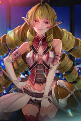 Rule 34 | 1girl, absurdres, blonde hair, breasts, commentary, drill hair, elinalise dragonroad, esozima gari, eyelashes, happy, highres, lens flare, long hair, looking at viewer, midriff, mushoku tensei, navel, pointy ears, shorts, sideboob, smile, solo, standing, yellow eyes