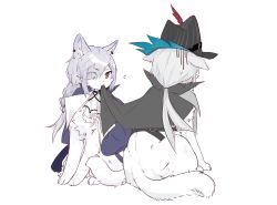 Rule 34 | absurdres, animal, animalization, arknights, black cape, black headwear, braid, cape, cat, gladiia (arknights), grey hair, hair over one eye, hat, highres, huayinglianpiangushixun, long hair, low ponytail, mouth hold, no humans, ponytail, red eyes, simple background, single braid, sweat, ulpianus (arknights), very long hair, white background