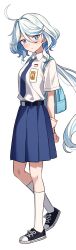 Rule 34 | 1girl, absurdres, ahoge, alternate costume, aqua hair, arms behind back, backpack, bag, belt, blue bag, blue eyes, blue hair, blue necktie, blue skirt, bracelet, breast pocket, character name, collared shirt, commentary, drop-shaped pupils, full body, furina (genshin impact), genshin impact, hair between eyes, head tilt, heterochromia, highres, indonesia, indonesian flag, indonesian middle school uniform, jewelry, long hair, looking at viewer, low twintails, mismatched pupils, multicolored hair, multiple views, name tag, necktie, pleated skirt, pocket, school uniform, selfie, shirt, shoes, short sleeves, sidelocks, skirt, sneakers, solo, streaked hair, sweat, symbol-only commentary, symbol-shaped pupils, twintails, two-tone hair, wavy hair, white background, white shirt, yaruwashi