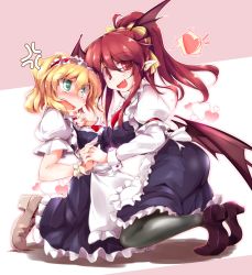 Rule 34 | 2girls, :d, alice margatroid, alternate costume, alternate hairstyle, anger vein, asymmetrical docking, bat wings, blonde hair, blush, breast press, breasts, enmaided, fang, fumitsuki (minaduki 6), green eyes, hairband, holding hands, head wings, heart, highres, kneeling, koakuma, large breasts, long hair, low wings, maid, md5 mismatch, multiple girls, open mouth, pointy ears, ponytail, red eyes, red hair, short hair, smile, spoken heart, touhou, uneven eyes, wings