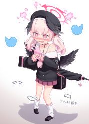 Rule 34 | 1girl, arrow (symbol), bag, beret, black choker, black footwear, black hat, black shirt, black wings, blue archive, blush, cellphone, choker, collarbone, commentary request, feathered wings, flag, flower, full body, gradient background, grey background, hair flower, hair ornament, halo, harada (sansei rain), hat, head wings, heart, highres, holding, holding phone, koharu (blue archive), loafers, long hair, long sleeves, loose socks, low wings, nose blush, off shoulder, open mouth, phone, pink eyes, pink hair, pleated skirt, puffy long sleeves, puffy sleeves, purple skirt, red flower, red rose, rose, sailor collar, school uniform, serafuku, shirt, shoes, skirt, sleeves past wrists, socks, solo, standing, sweat, translation request, twintails, twitter, wavy mouth, white background, white sailor collar, white socks, wings