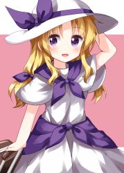 Rule 34 | 1girl, :d, blonde hair, bow, dress, hair bow, hand on headwear, hat, hat ribbon, highres, holding, holding suitcase, looking at viewer, louise (touhou), medium hair, open mouth, pink background, purple bow, purple eyes, purple ribbon, purple sailor collar, ribbon, ruu (tksymkw), sailor collar, short sleeves, smile, suitcase, touhou, touhou (pc-98), white dress, white hat, wide sleeves