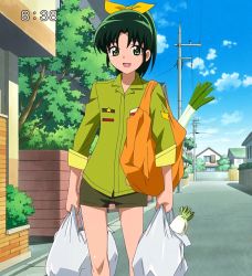 Rule 34 | 10s, 1girl, bag, carrying, green eyes, green hair, groceries, highres, matching hair/eyes, midorikawa nao, open mouth, ponytail, precure, ribbon, road, scenery, screencap, shorts, sleeves rolled up, smile, smile precure!, solo, spring onion, stitched, street, third-party edit, tree, vanishing point