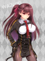 Rule 34 | 1girl, bad id, bad pixiv id, black pantyhose, black skirt, blazer, blouse, blush, braid, breasts, character name, checkered background, closed mouth, collared shirt, cowboy shot, framed breasts, french braid, girls&#039; frontline, gloves, gold trim, groin, hair ribbon, half updo, hand on own hip, high-waist skirt, jacket, large breasts, long hair, long sleeves, looking at viewer, necktie, one side up, open mouth, pantyhose, pelvic curtain, purple hair, red eyes, red necktie, red ribbon, ribbon, shirt, sidelocks, skindentation, skirt, solo, standing, strap, sushi no kokoro, taut clothes, taut shirt, v-shaped eyebrows, very long hair, wa2000 (girls&#039; frontline), white shirt