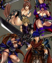 Rule 34 | 2boys, 3girls, ayane (doa), breasts, brown eyes, brown hair, cleavage, cloud strife, crossover, dead or alive, elbow gloves, facial mark, final fantasy, final fantasy vii, fire emblem, gloves, highres, holding, holding sword, holding weapon, ike (fire emblem), kasumi (doa), large breasts, long hair, matching hair/eyes, multiple boys, multiple girls, ninja, nintendo, ponytail, purple gloves, purple hair, revealing clothes, sword, thighhighs, torn clothes, weapon
